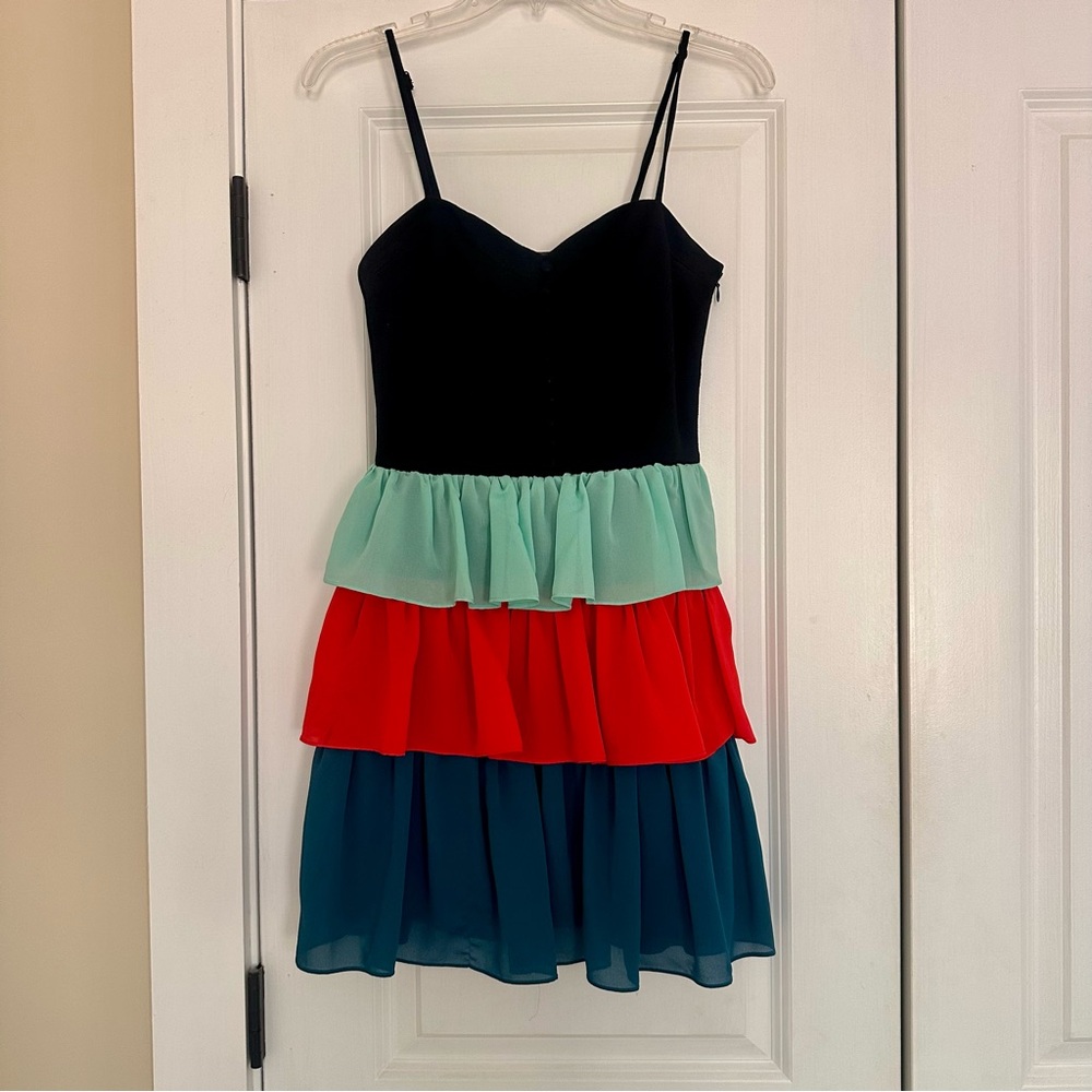 Tiered Spaghetti-Strap Dress with Black Bodice and Colorblock Ruffle Skirt